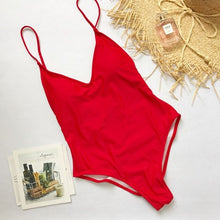 Load image into Gallery viewer, Summer Swimwear Women Sling Backless One Piece Slim Swimsuit Multi-choice Solid Bathing Suits Bikini Padded Beachwear 7 colors