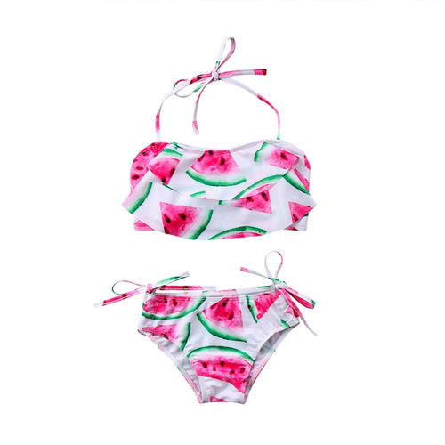 2018 New Summer Child Watermelon Swimwear 2Pcs Kids Girls Halter Ruffles Swimwear Swimsuit Briefs Beachwear Bathing