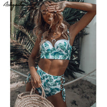 Load image into Gallery viewer, High Waist Swimwear Women Swimsuit 2018 Bikini Bandage Bikinis Set Padded Bathing Suit New Leaf Print Biquini Maillot de bain