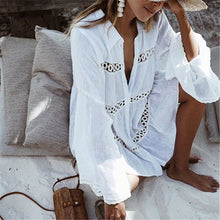 Load image into Gallery viewer, 2019 Women Swimsuit Cover Up Sleeve Kaftan Beach Tunic Dress Robe De Plage Solid White Cotton Pareo Beach High Collar Cover Up