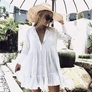 2019 Women Swimsuit Cover Up Sleeve Kaftan Beach Tunic Dress Robe De Plage Solid White Cotton Pareo Beach High Collar Cover Up