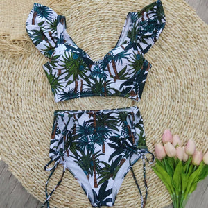 High Waist Swimwear Women Swimsuit 2018 Bikini Bandage Bikinis Set Padded Bathing Suit New Leaf Print Biquini Maillot de bain