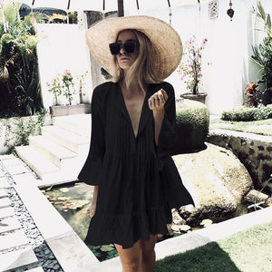 2019 Women Swimsuit Cover Up Sleeve Kaftan Beach Tunic Dress Robe De Plage Solid White Cotton Pareo Beach High Collar Cover Up