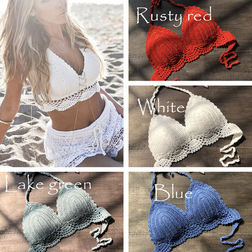 2019 Handmade Crochet Women Bikini Top Boho Beach Bralette Solid Halter Knitted Swimsuit Brazilian Bikinis Bathing Suit Top
