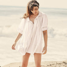 Load image into Gallery viewer, 2019 Women Swimsuit Cover Up Sleeve Kaftan Beach Tunic Dress Robe De Plage Solid White Cotton Pareo Beach High Collar Cover Up