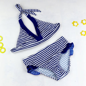 2019 New Summer girls Close-fitting elastic stripe swimsuit  girls split Two-pieces Swimwear, children stripe bikini wholesale